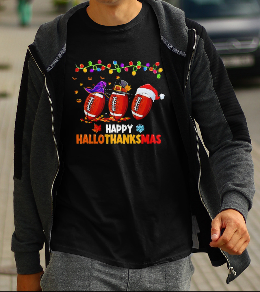 Happy Hallothanksmas Footballs With Halloween Thanksgiving Christmas Elements T-Shirt