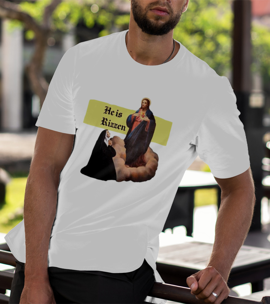 He Is Rizzen Jesus With Nun Praying On Cloud T-Shirt