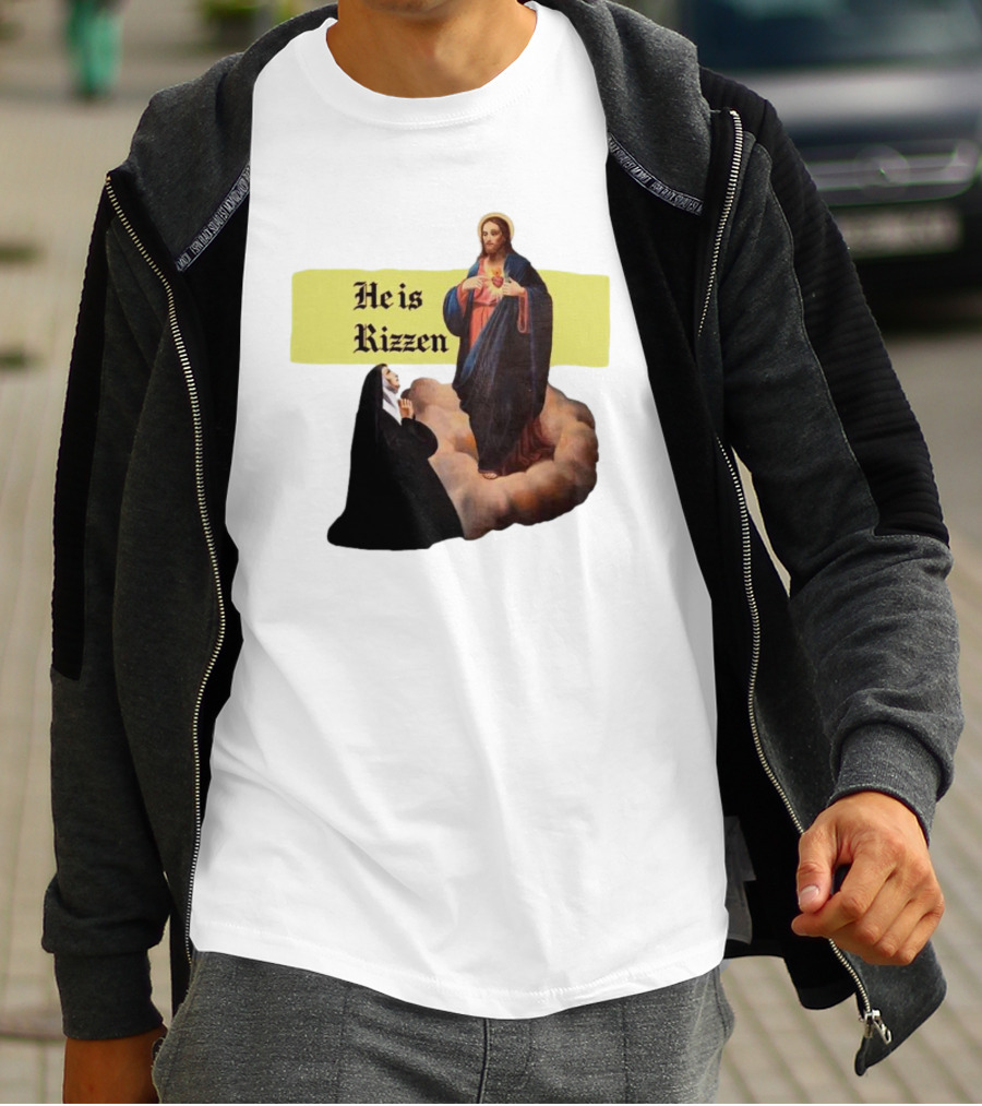 He Is Rizzen Jesus With Nun Praying On Cloud T-Shirt