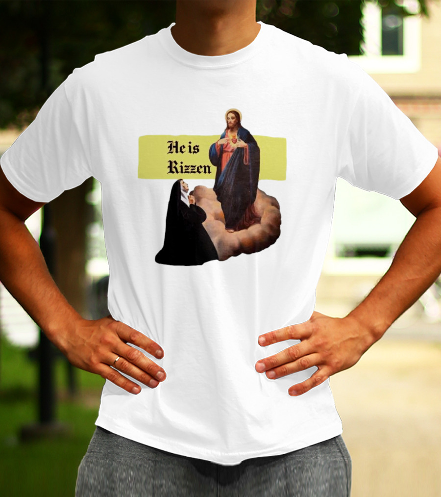 He Is Rizzen Jesus With Nun Praying On Cloud T-Shirt
