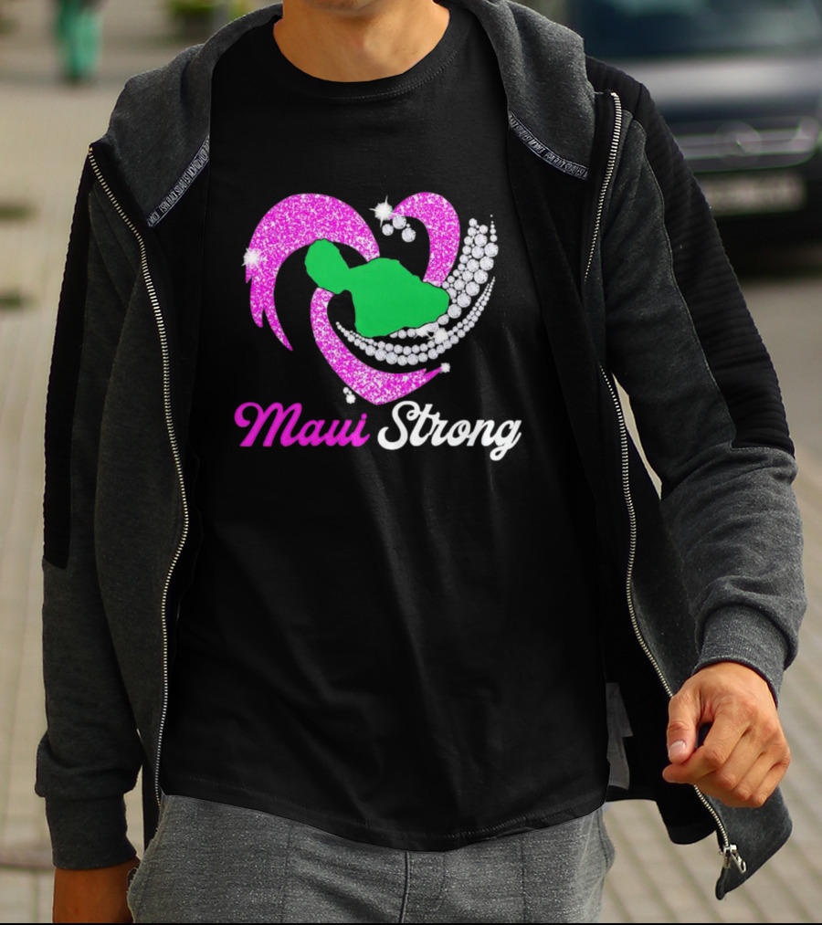 Maui Strong Pink Glitter Heart With Green Island And Diamond Accents T-Shirt
