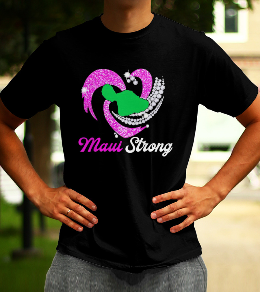 Maui Strong Pink Glitter Heart With Green Island And Diamond Accents T-Shirt