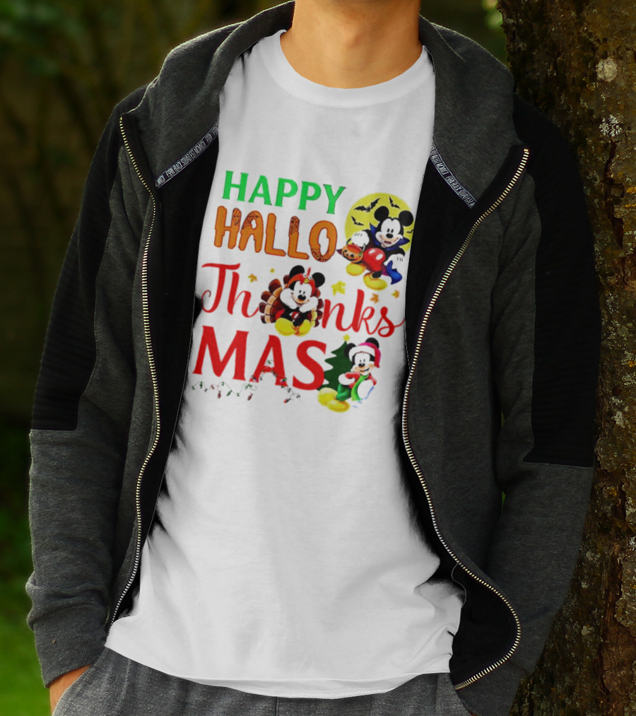 Mickey Mouse Happy Hallothanksmas Halloween Thanksgiving Christmas T-Shirt