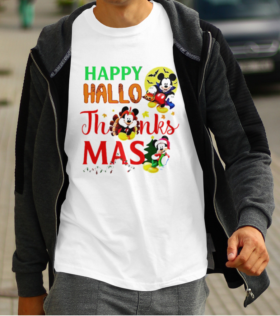 Mickey Mouse Happy Hallothanksmas Halloween Thanksgiving Christmas T-Shirt