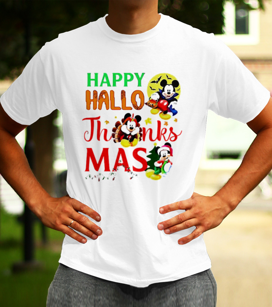 Mickey Mouse Happy Hallothanksmas Halloween Thanksgiving Christmas T-Shirt