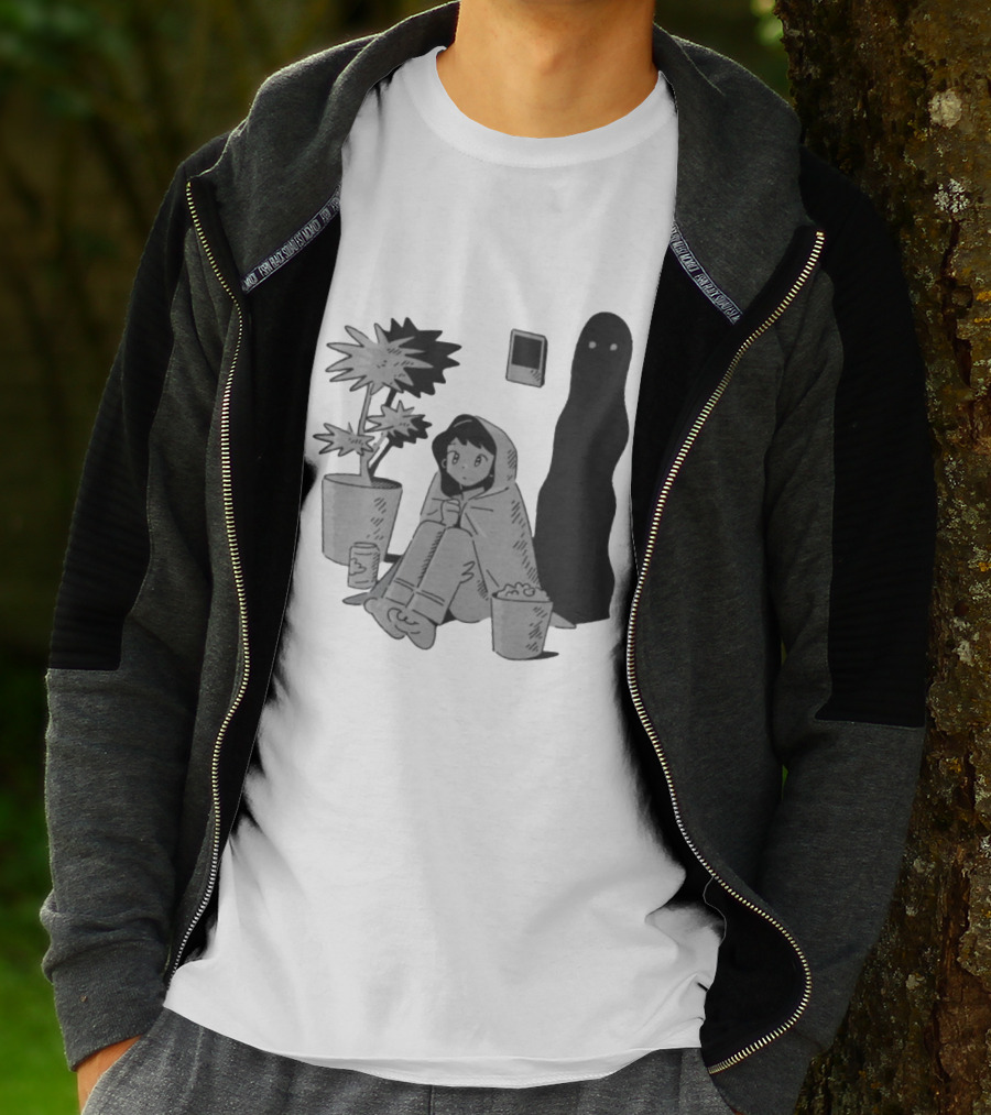 Phantom Cozy: Ghostly Companion And Snuggled Figure With Plant And Snacks T-Shirt
