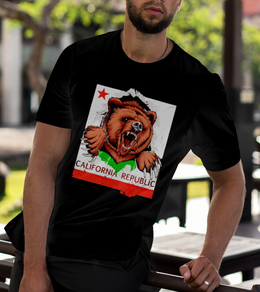 California Republic Bear Roaring Star Red Stripe T-Shirt