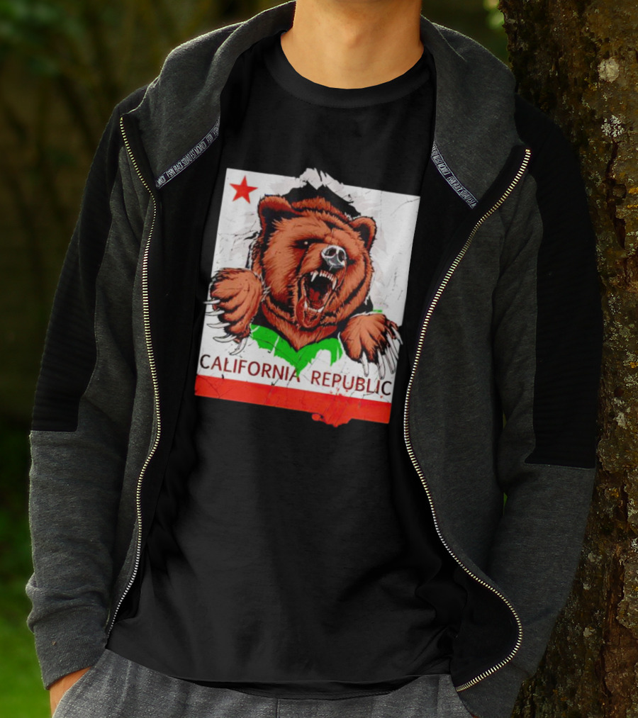 California Republic Bear Roaring Star Red Stripe T-Shirt
