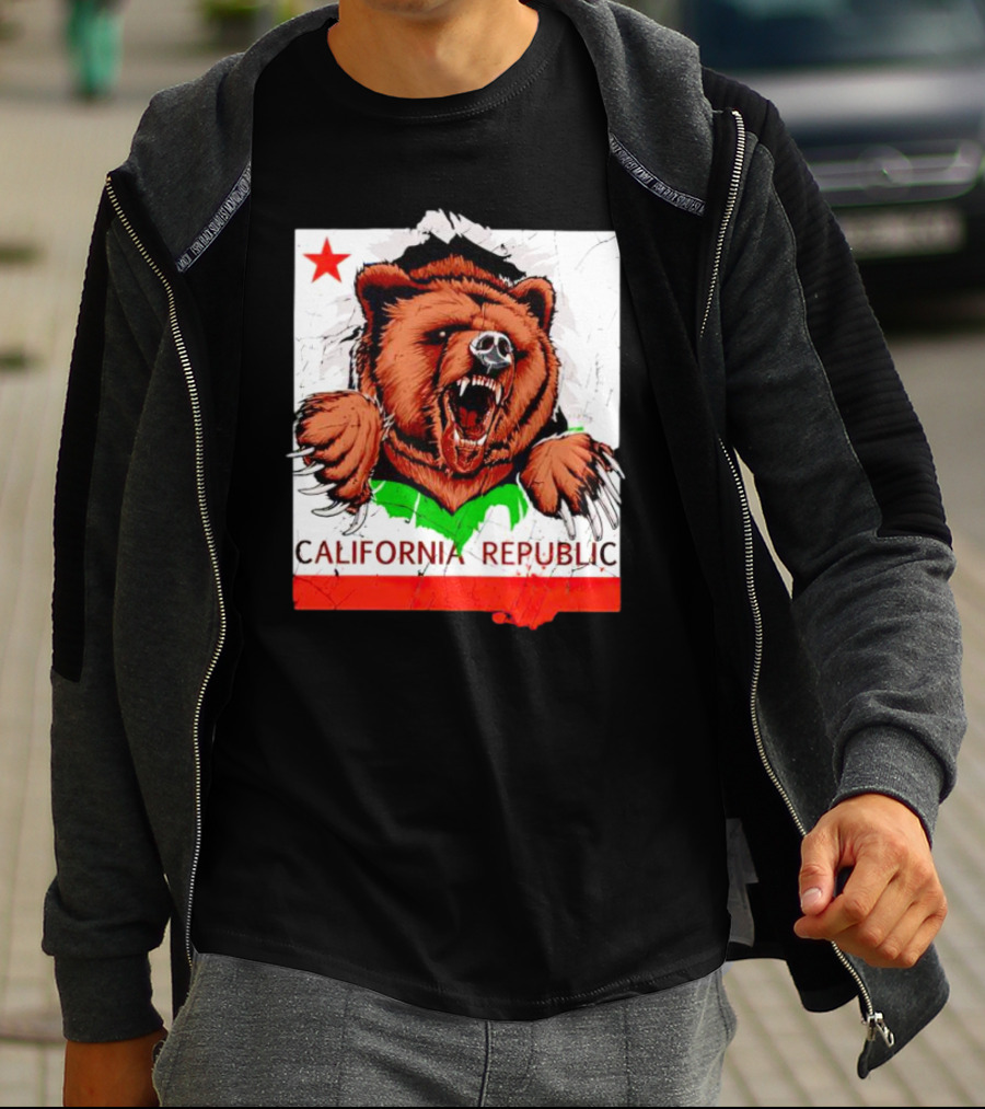 California Republic Bear Roaring Star Red Stripe T-Shirt
