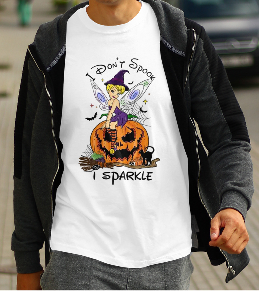 I Don’t Spook I Sparkle Witch Fairy On Pumpkin Halloween Scene T-Shirt