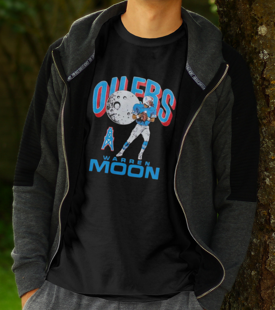 Oilers Warren Moon Football Player With Oil Derrick And Moon Balloon T-Shirt