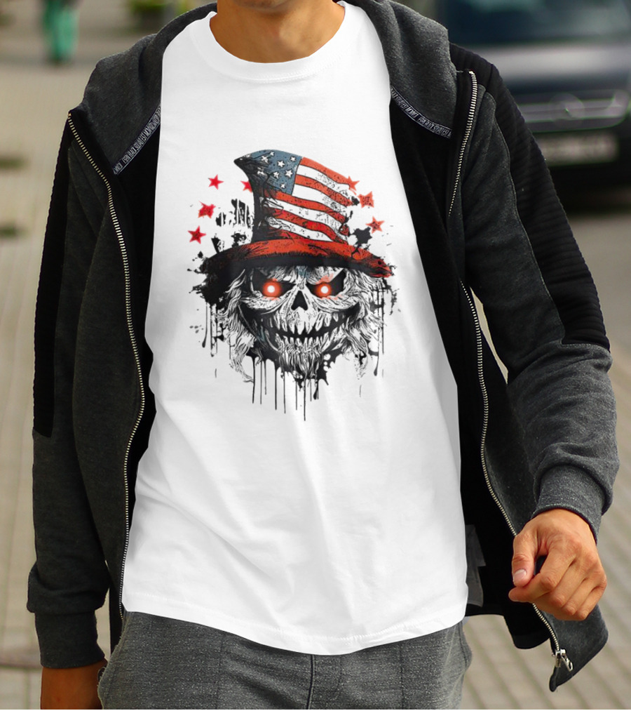 Uncle Sam Skull With American Flag Hat And Red Stars T-Shirt
