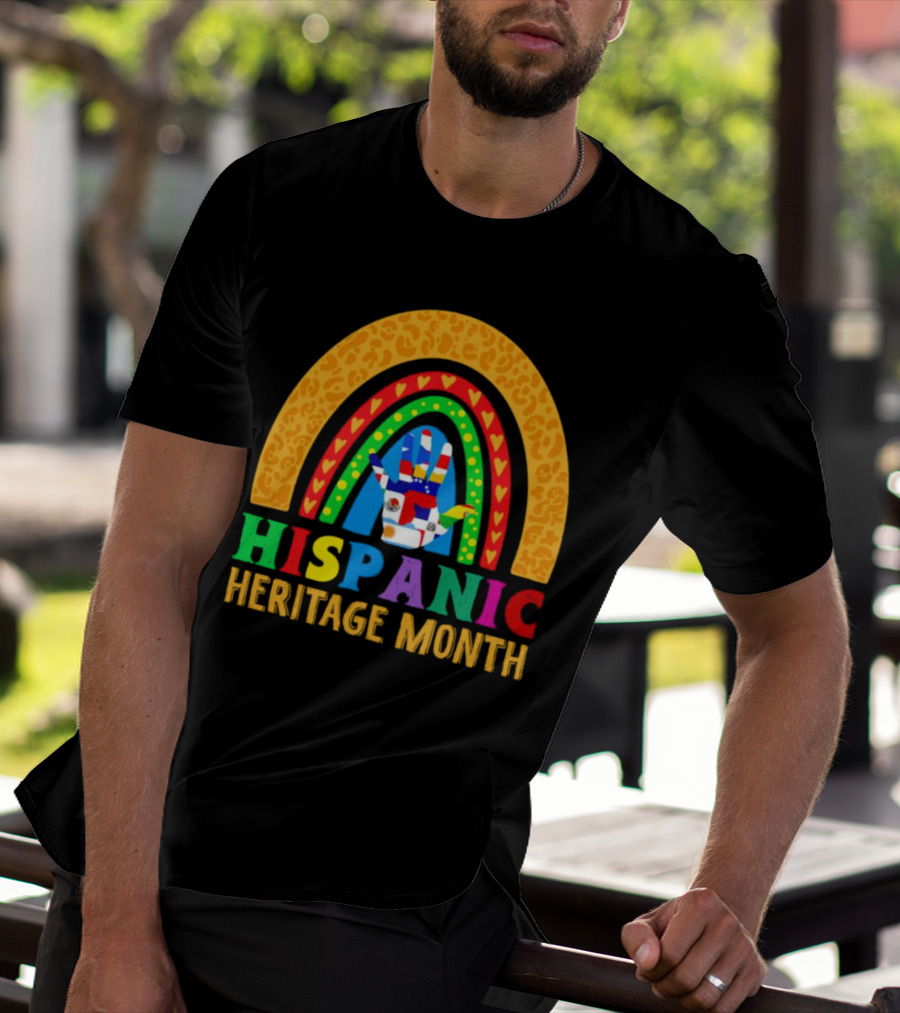 Hispanic Heritage Month Rainbow With Flag Mosaic Hand T-Shirt