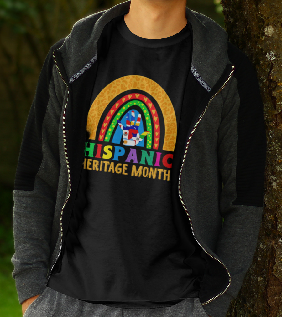 Hispanic Heritage Month Rainbow With Flag Mosaic Hand T-Shirt