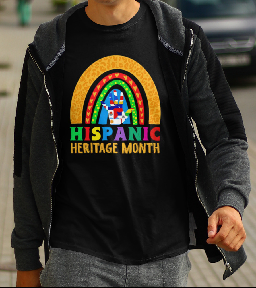 Hispanic Heritage Month Rainbow With Flag Mosaic Hand T-Shirt