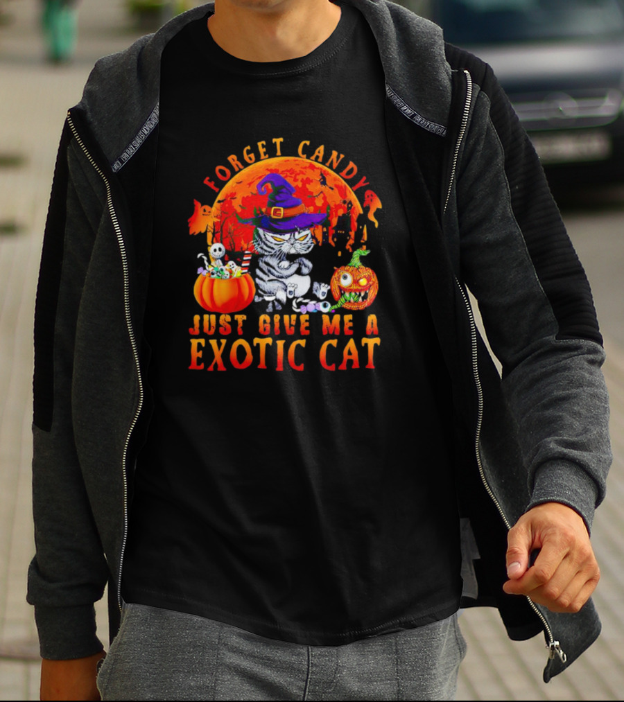 Forget Candy Just Give Me A Exotic Cat Halloween Moon Pumpkin Ghosts T-Shirt