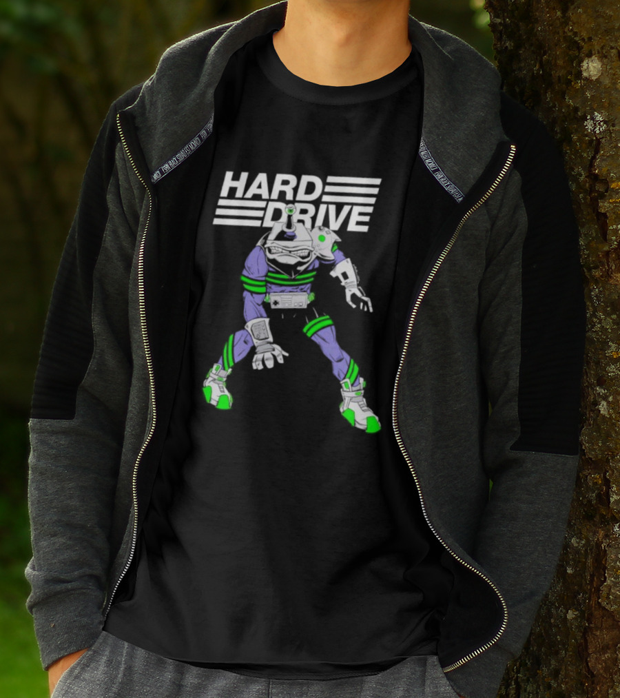 HARD DRIVE Futuristic Cyborg With Green And Purple Accents T-Shirt