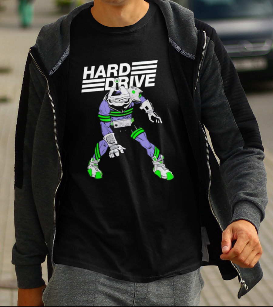 HARD DRIVE Futuristic Cyborg With Green And Purple Accents T-Shirt