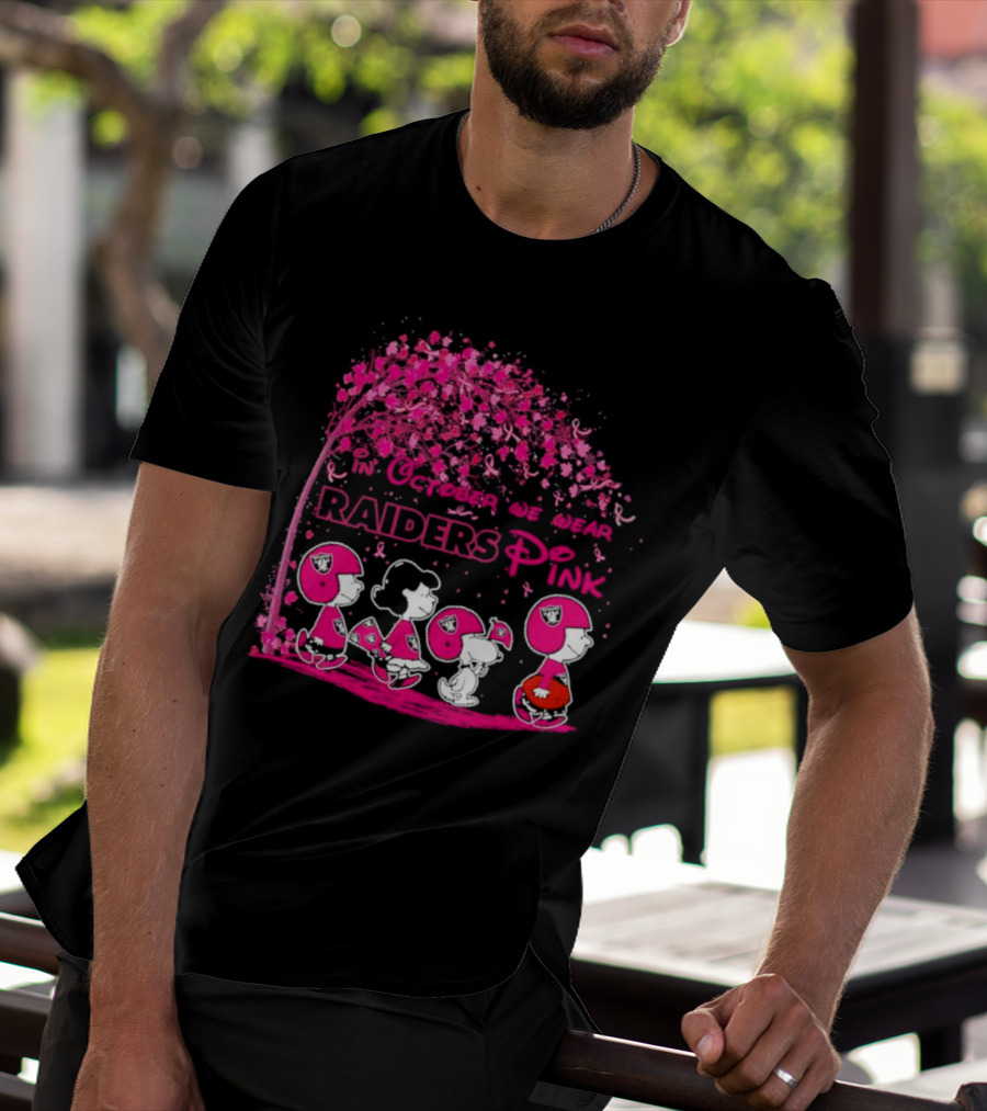 In October We Wear Raiders Pink Peanuts Breast Cancer Awareness T-Shirt