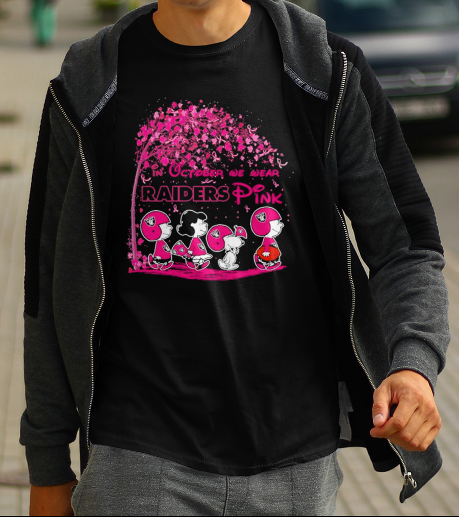In October We Wear Raiders Pink Peanuts Breast Cancer Awareness T-Shirt