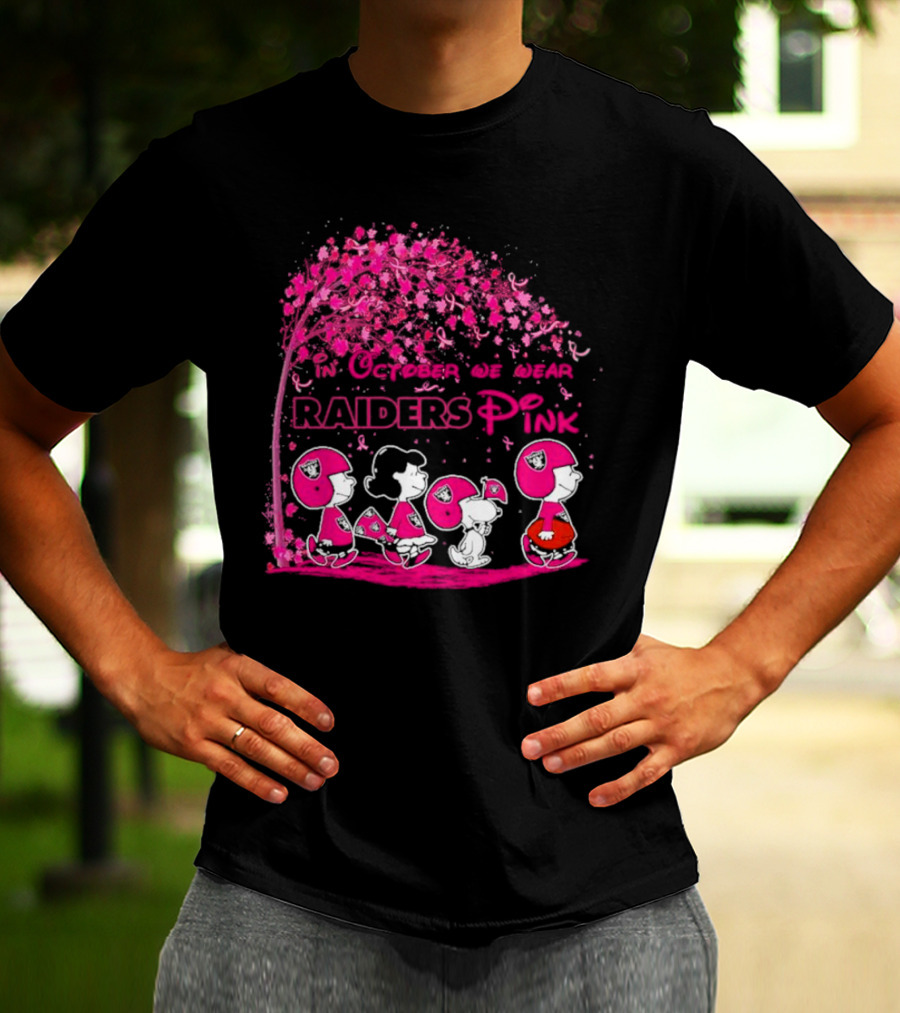 In October We Wear Raiders Pink Peanuts Breast Cancer Awareness T-Shirt