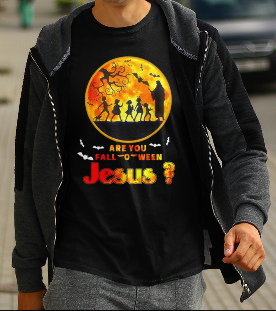Are You Fall O Ween Jesus Halloween Silhouette With Bats And Tree T-Shirt