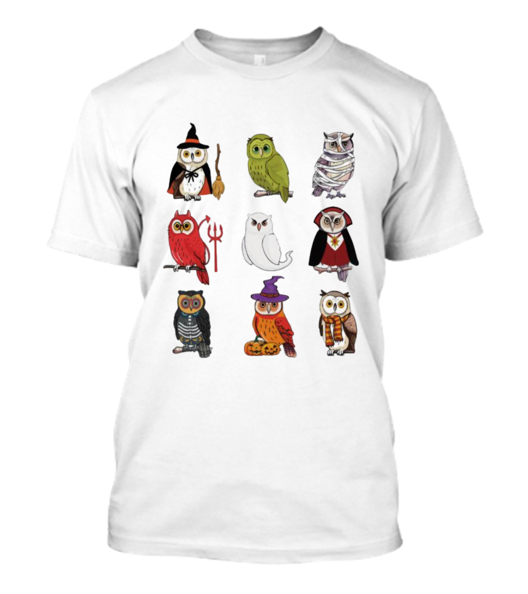 Halloween Witch Ghost Mummy Vampire Devil Skeleton Pumpkins Scarf Owls T-Shirt