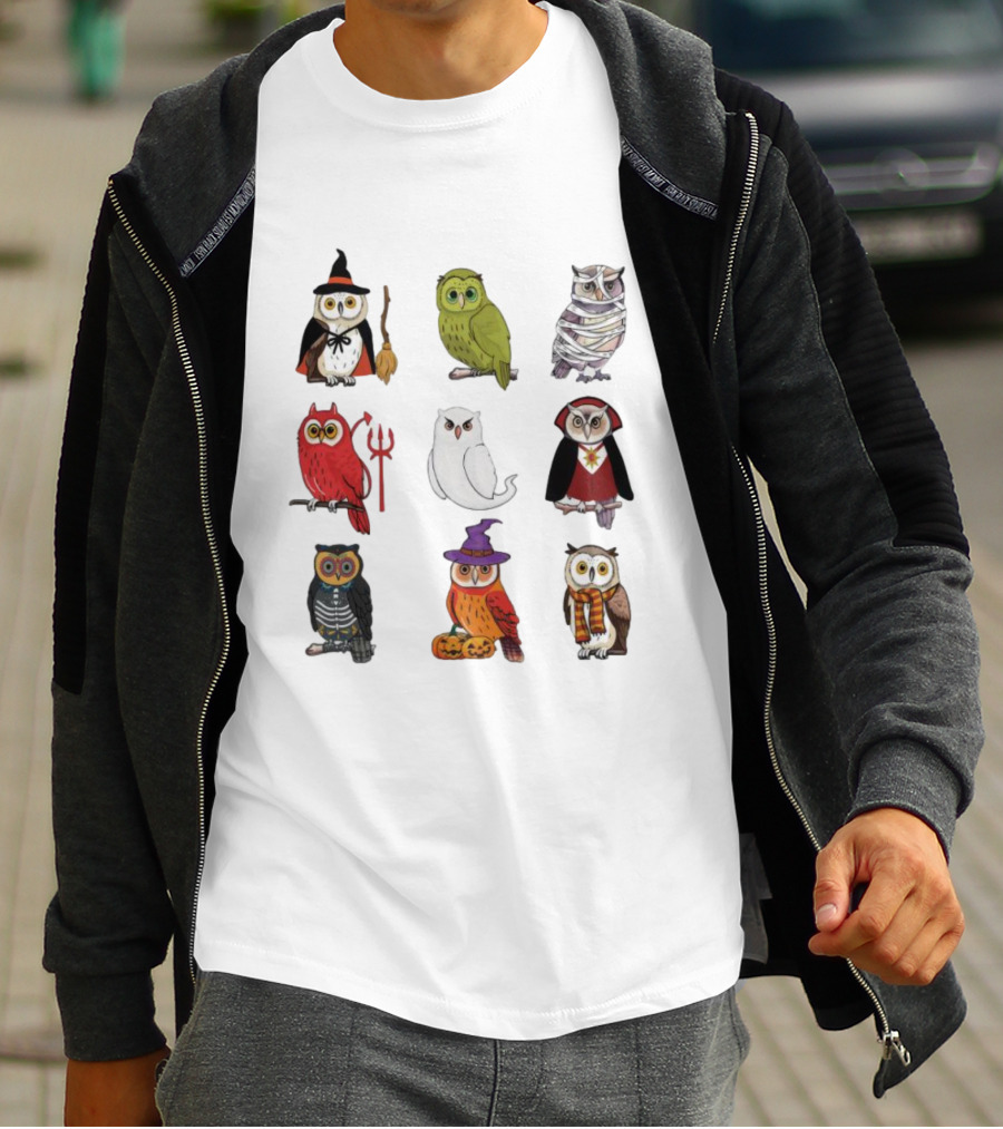 Halloween Witch Ghost Mummy Vampire Devil Skeleton Pumpkins Scarf Owls T-Shirt