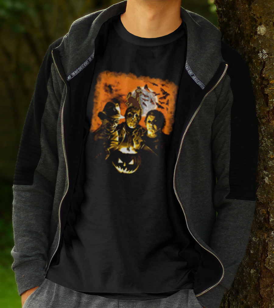 Horror Movies Freddy Krueger Jason Voorhees Michael Myers Halloween Wyoming Cowboys Jack-O'-Lantern Moon Bats T-Shirt