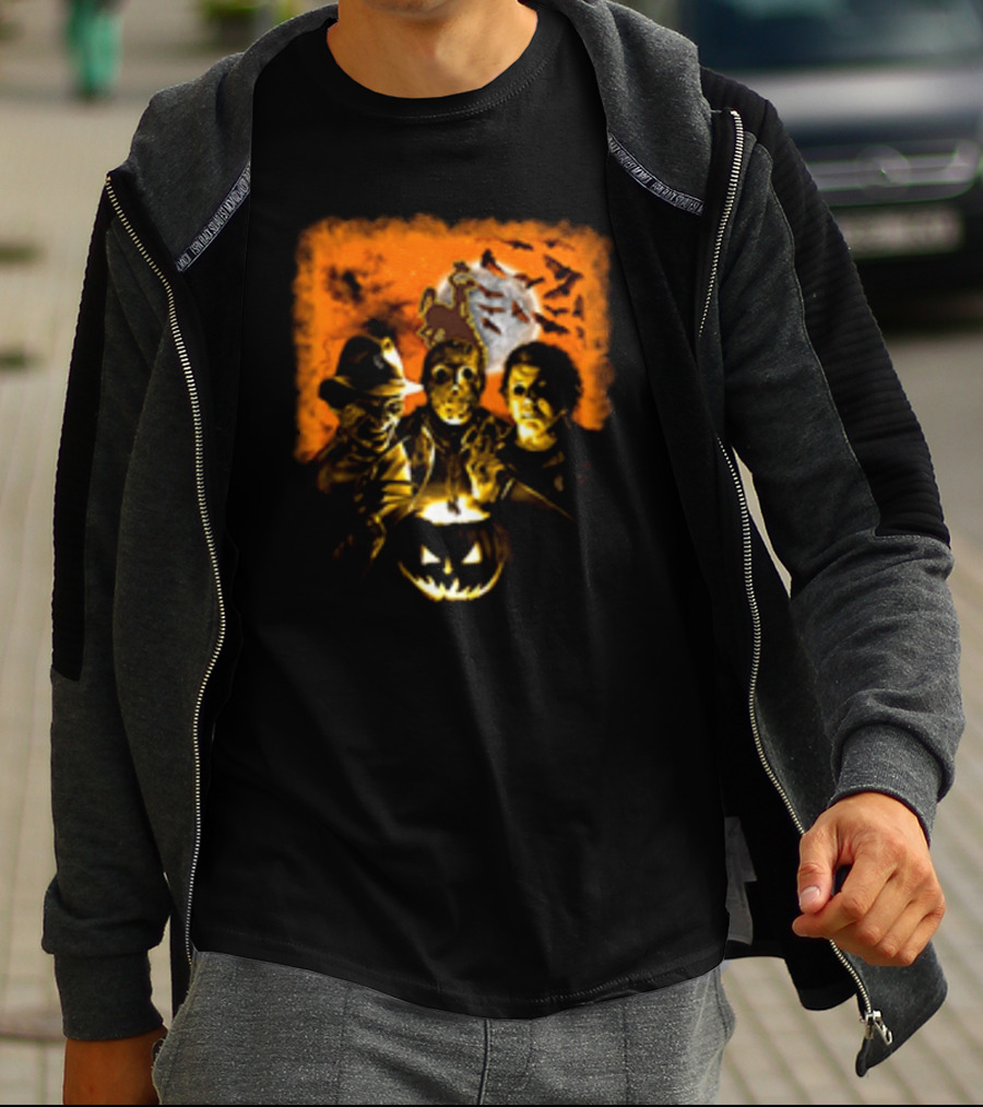 Horror Movies Freddy Krueger Jason Voorhees Michael Myers Halloween Wyoming Cowboys Jack-O'-Lantern Moon Bats T-Shirt