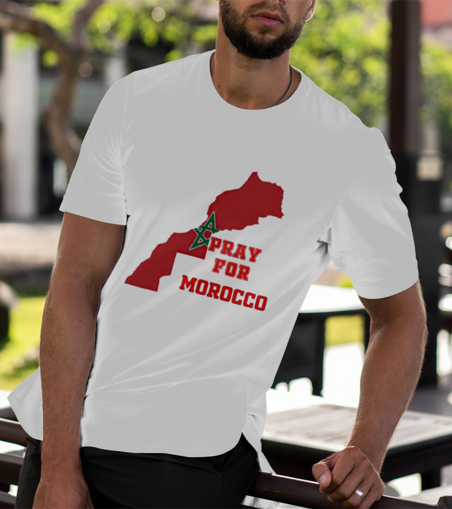 Pray For Morocco Map With Green Star And Red T-Shirt