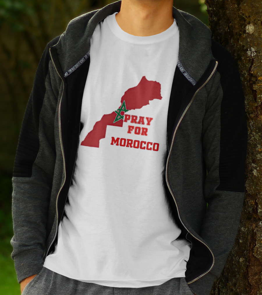 Pray For Morocco Map With Green Star And Red T-Shirt