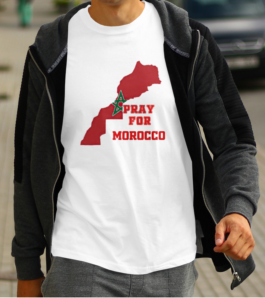 Pray For Morocco Map With Green Star And Red T-Shirt