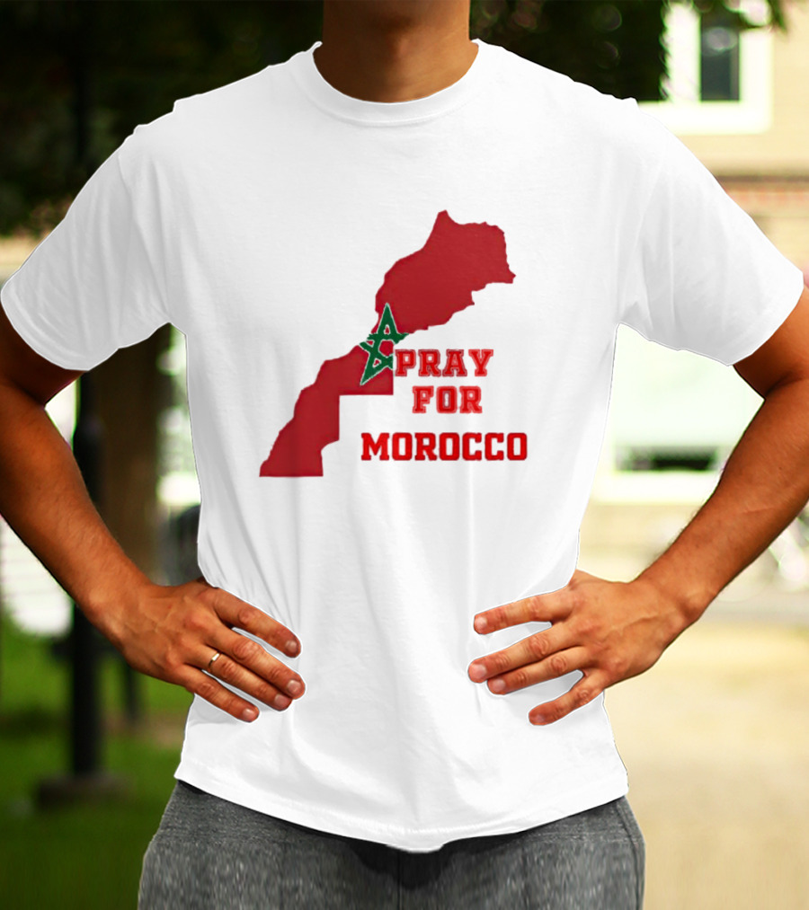 Pray For Morocco Map With Green Star And Red T-Shirt