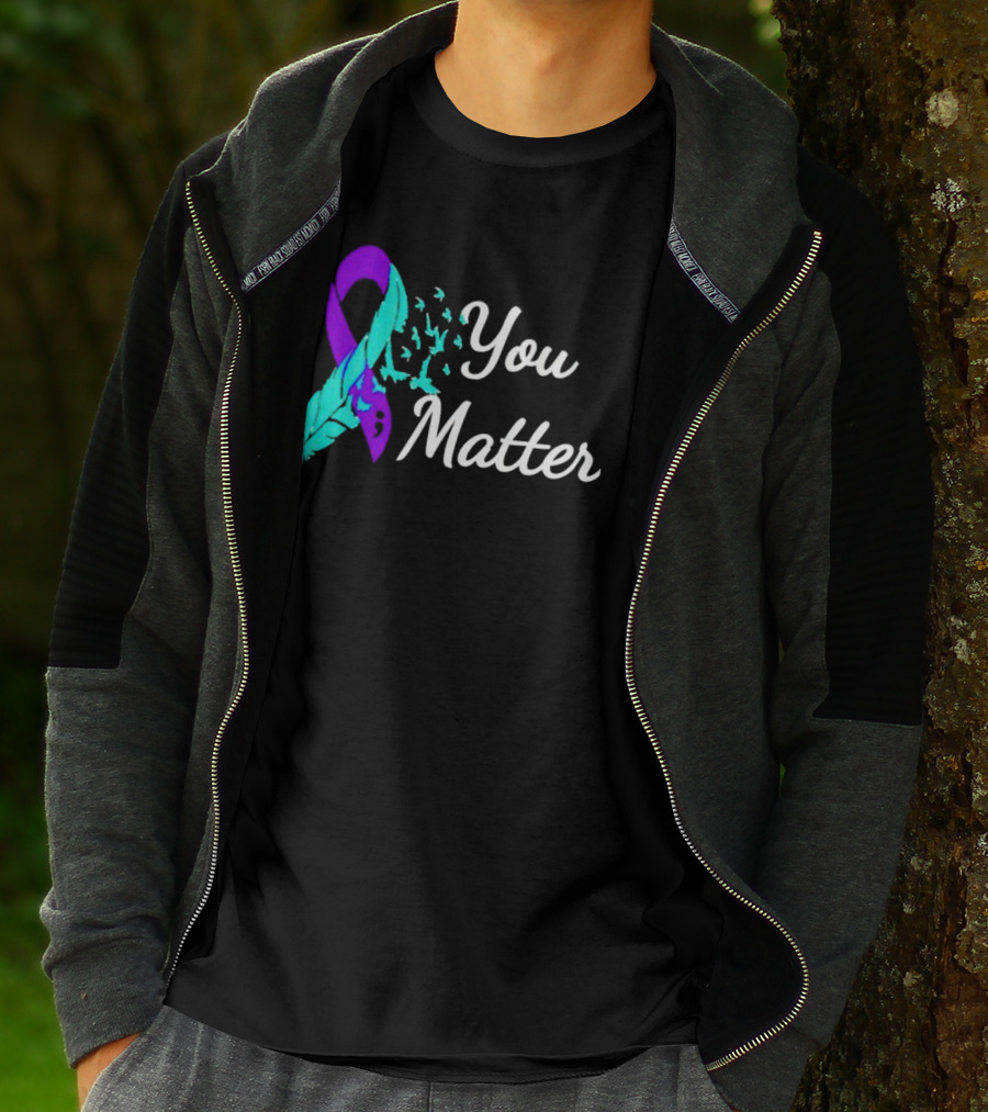 You Matter Suicide Prevention Purple Teal Ribbon Feather And Birds T-Shirt