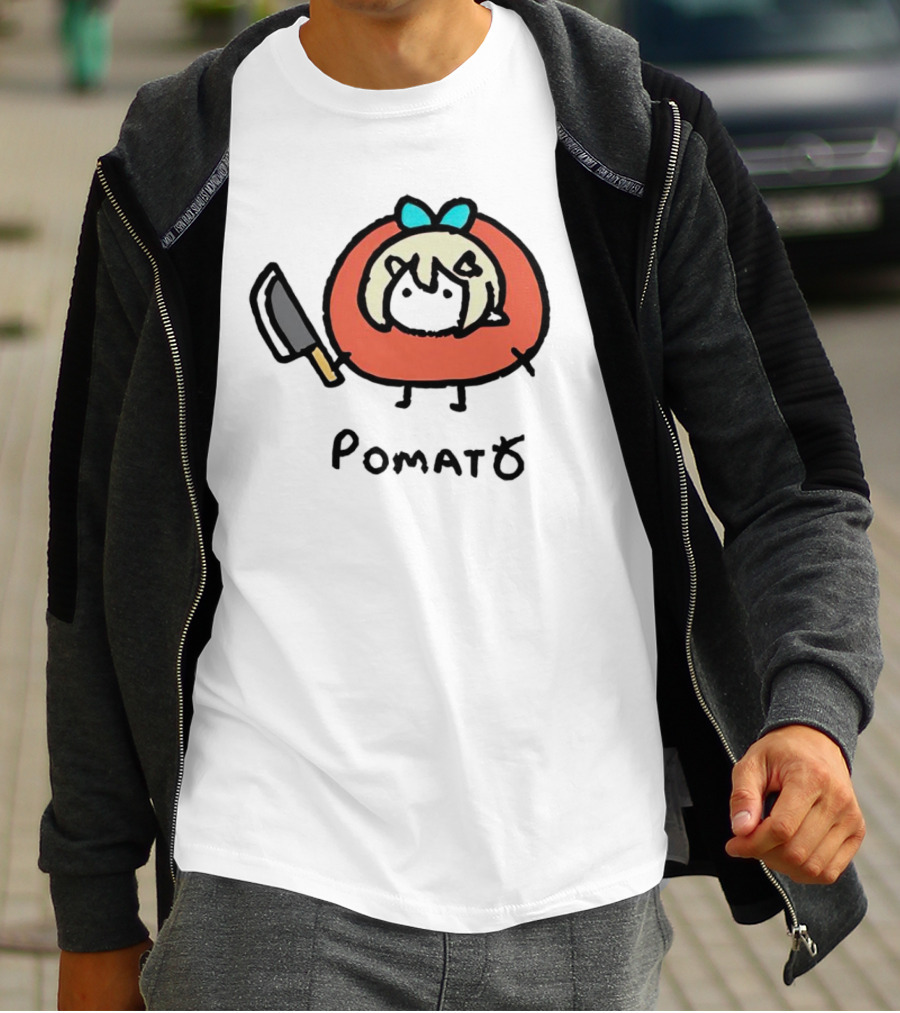 Pomato Tuna Character With Knife And Blue Bow T-Shirt