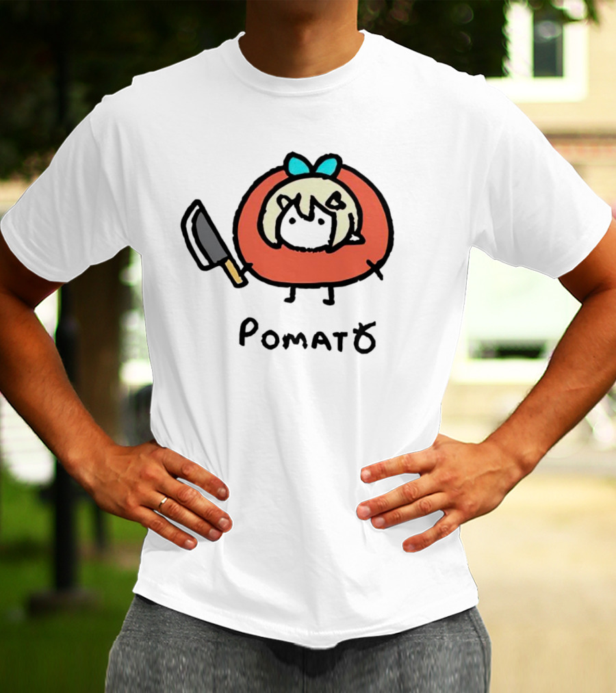 Pomato Tuna Character With Knife And Blue Bow T-Shirt