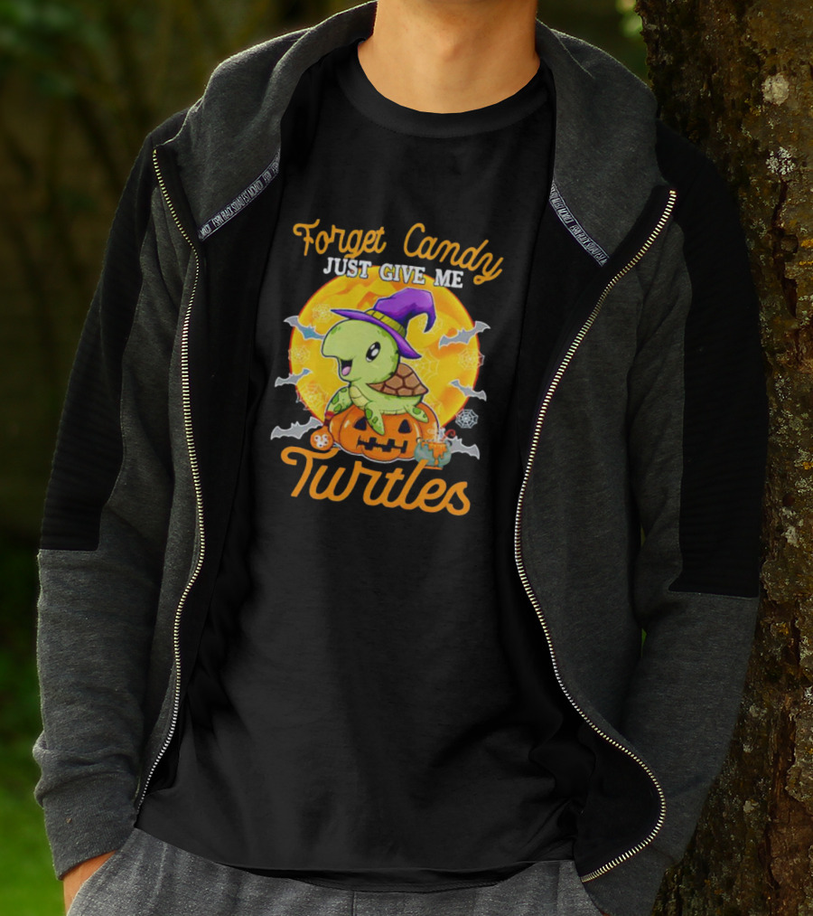Forget Candy Just Give Me Turtles Halloween Pumpkin Witch Hat Bats Moon T-Shirt