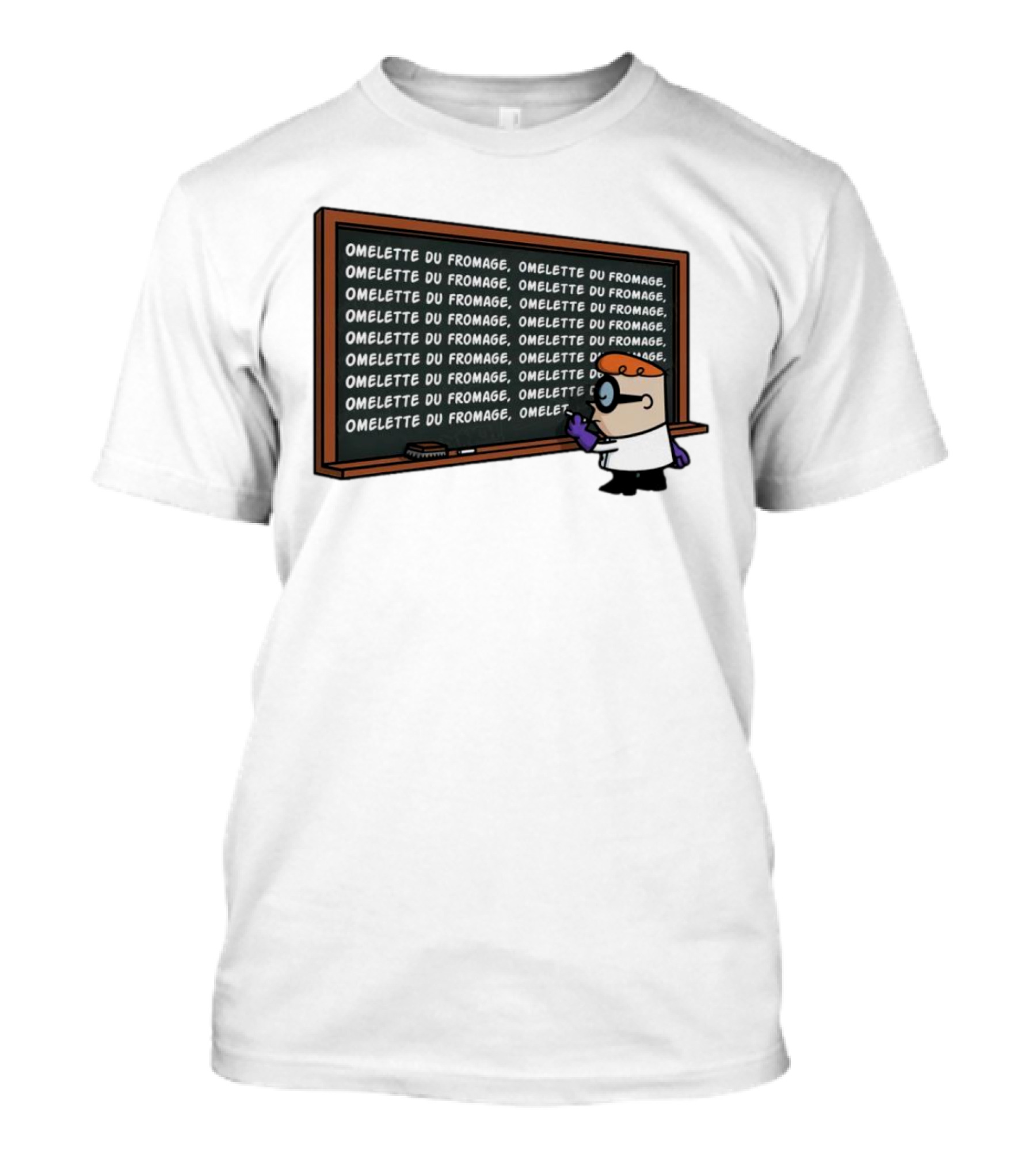 Omelette Du Fromage Chalkboard Cartoon Character Writing T-Shirt