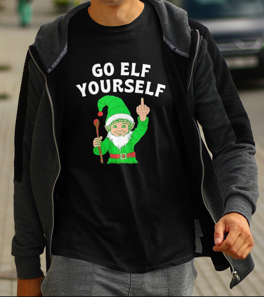 GO ELF YOURSELF Middle Finger Green Elf With Candy Cane T-Shirt