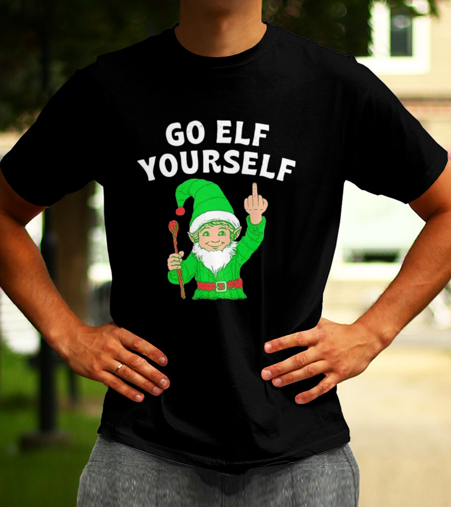 GO ELF YOURSELF Middle Finger Green Elf With Candy Cane T-Shirt