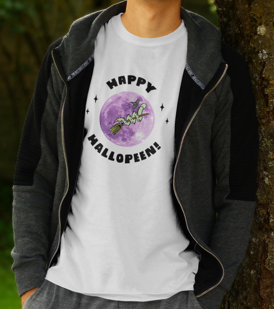 Happy Hallopeen Snake On Broomstick With Purple Moon Halloween T-Shirt