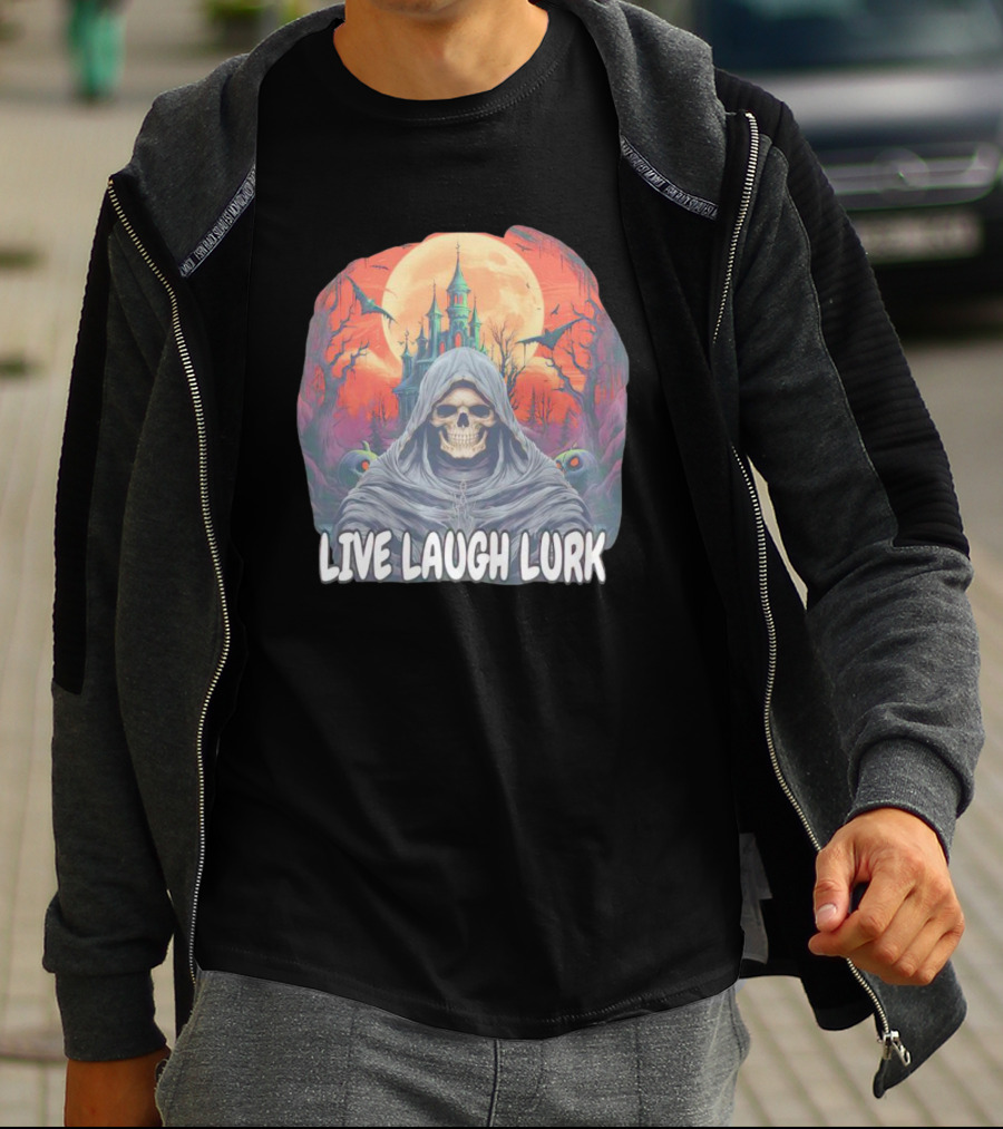 Live Laugh Lurk Skeleton Haunted Castle Bats Full Moon T-Shirt