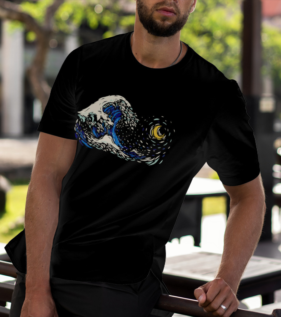 Starry Night Meets Great Wave Fusion T-Shirt