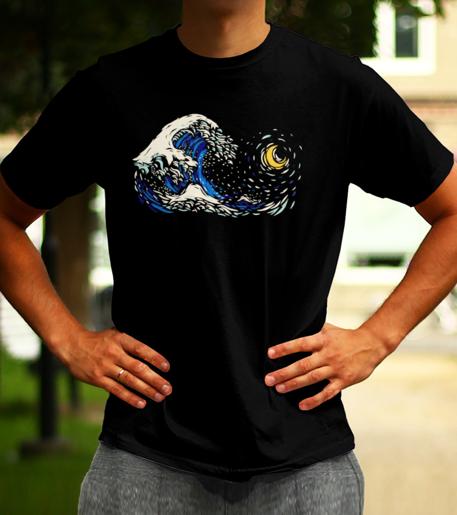 Starry Night Meets Great Wave Fusion T-Shirt