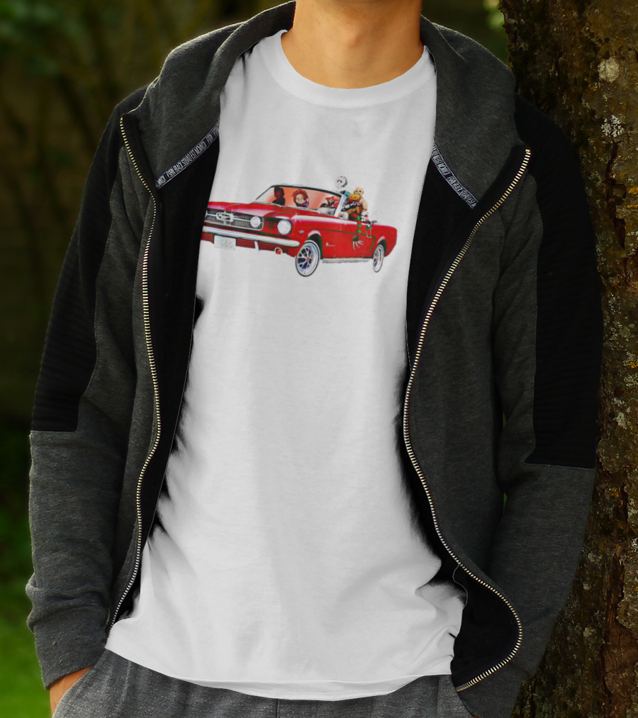 Horror Movie Icons In Red Mustang Car Driving Scene T-Shirt