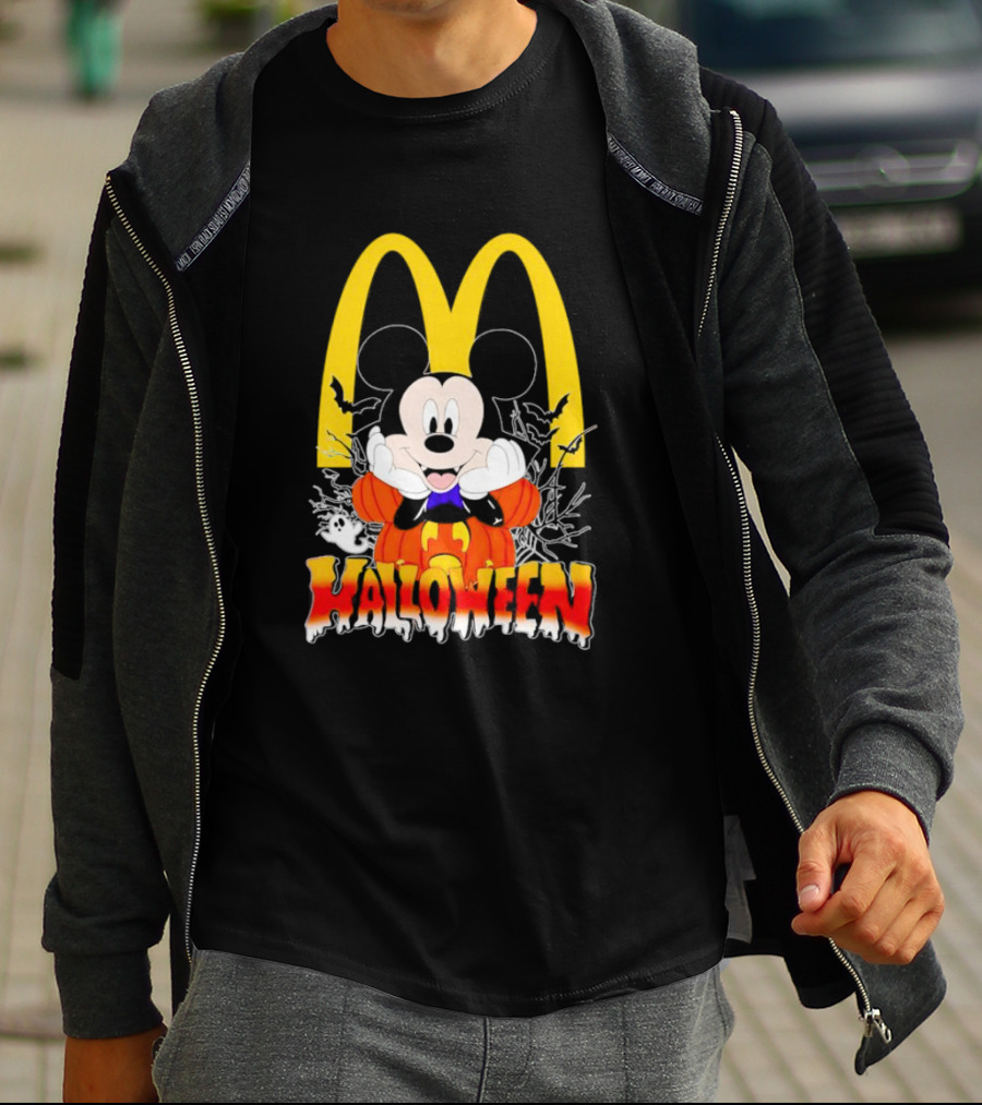 Mickey Mouse Halloween Pumpkin McDonald's Logo With Bats T-Shirt