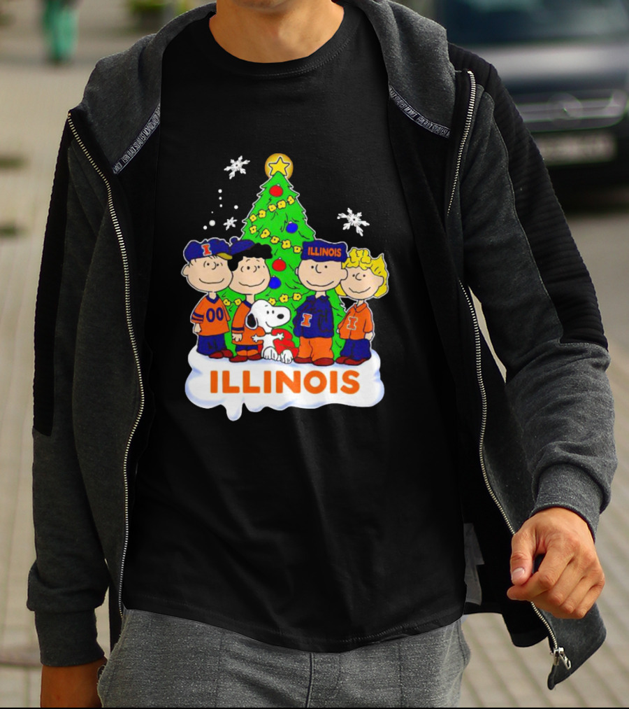 Peanuts Characters Illinois Christmas Tree With Snoopy And Festive Decorations T-Shirt