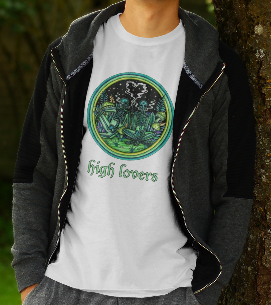 High Lovers Skeletons In Psychedelic Forest Scene T-Shirt