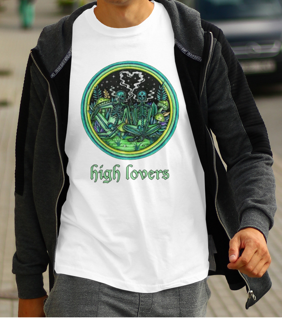 High Lovers Skeletons In Psychedelic Forest Scene T-Shirt